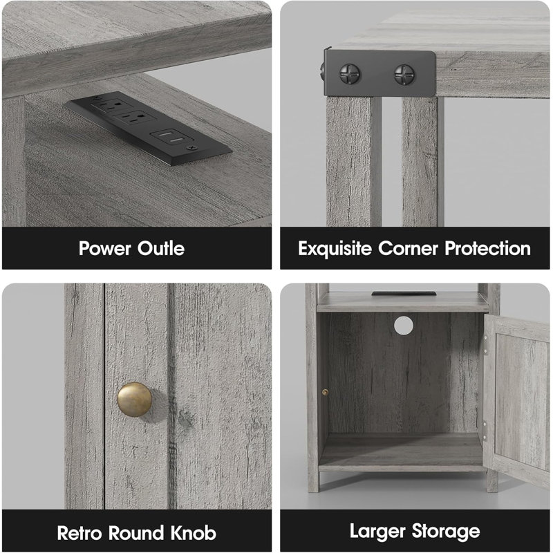 Gray Farmhouse Nightstands with Charging Station and Storage Cabinet, Set of 2