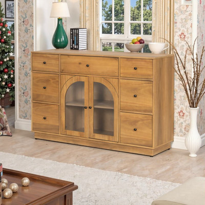 Armoire de rangement 55,8 po avec 7 tiroirs, 2 portes et décorations en verre