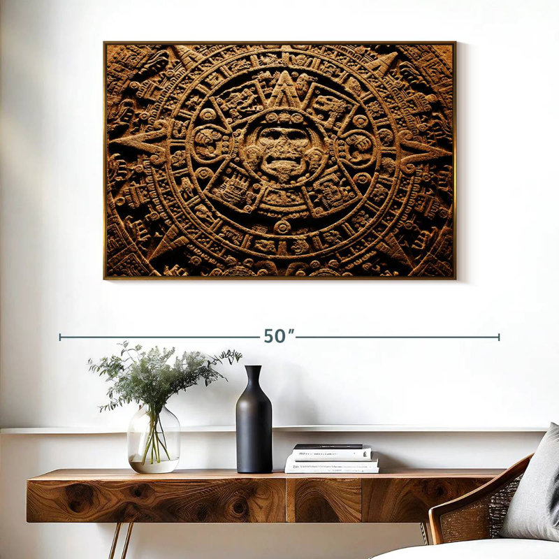 Ancien calendrier aztèque, 40 po x 27 po, Cadre flottant doré