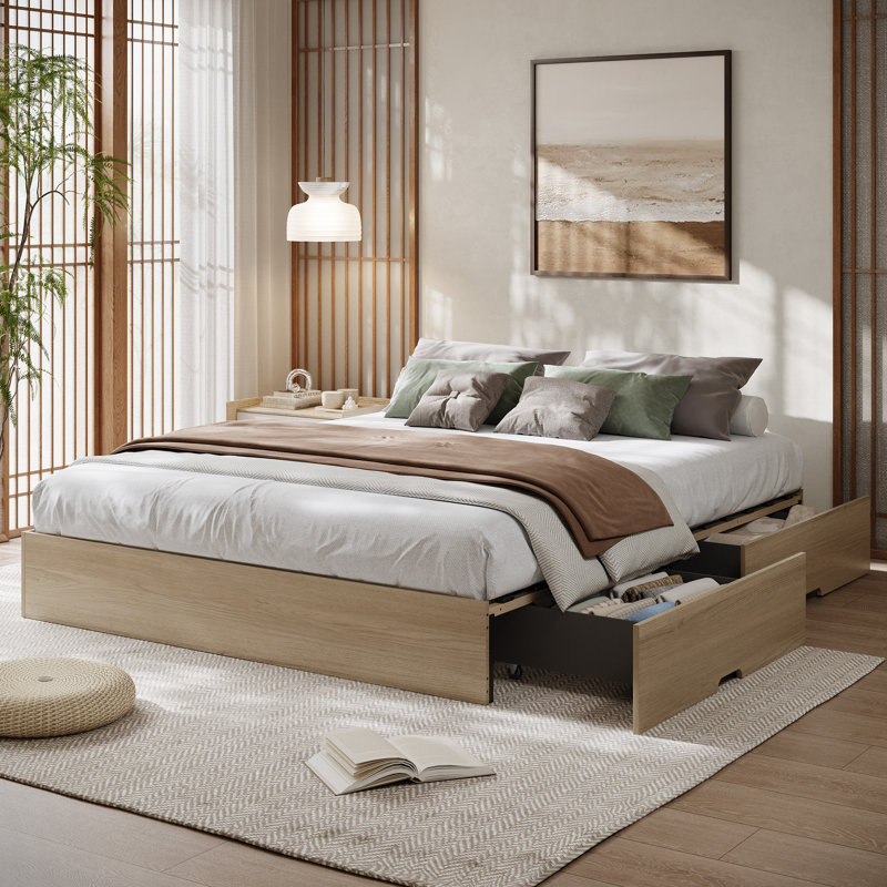 Structure de lit plateforme grand avec 2 tiroirs de rangement - lattes en bois de chêne naturel, base de lit robuste à profil bas, aucun sommier requis, mobilier de chambre à assembler facile