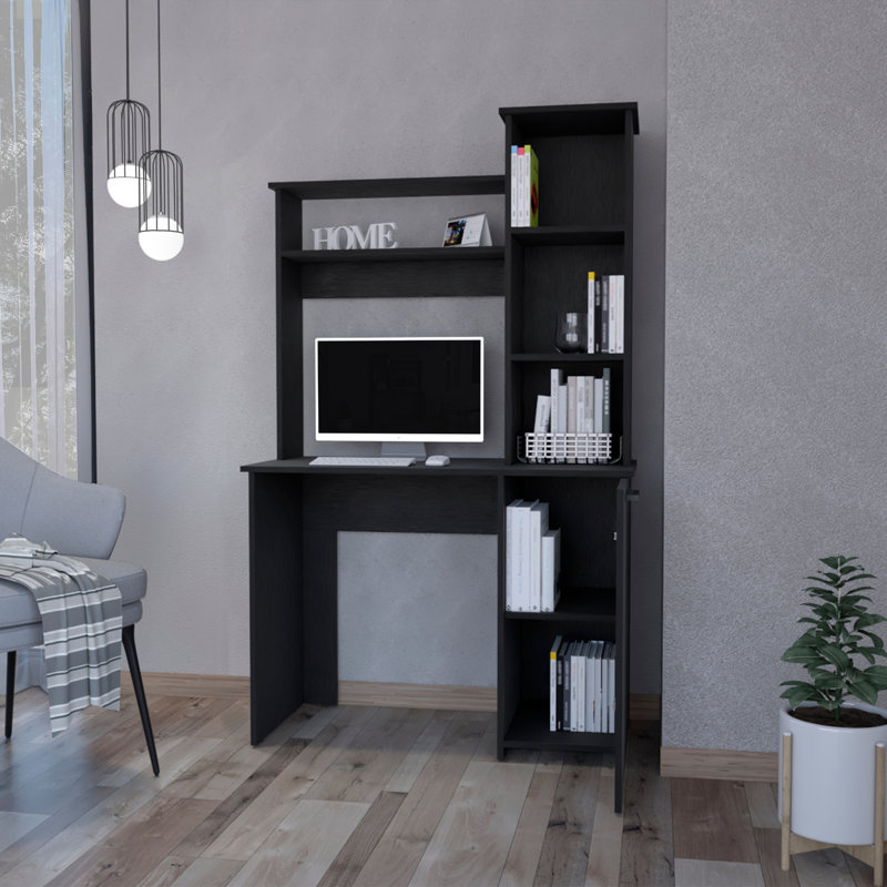 Ebern Designs 64.2" H Carson Writing Desk, Modern Studio or Office Desk with 1 Door, Two Upper Shelves and Open Side Shelves for Book Storage