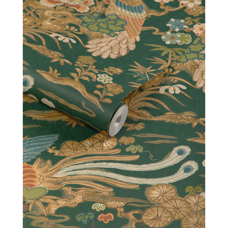 Garden Walk Sakura Toile Wood Pulp Blend Pretrimmed Roll, Green