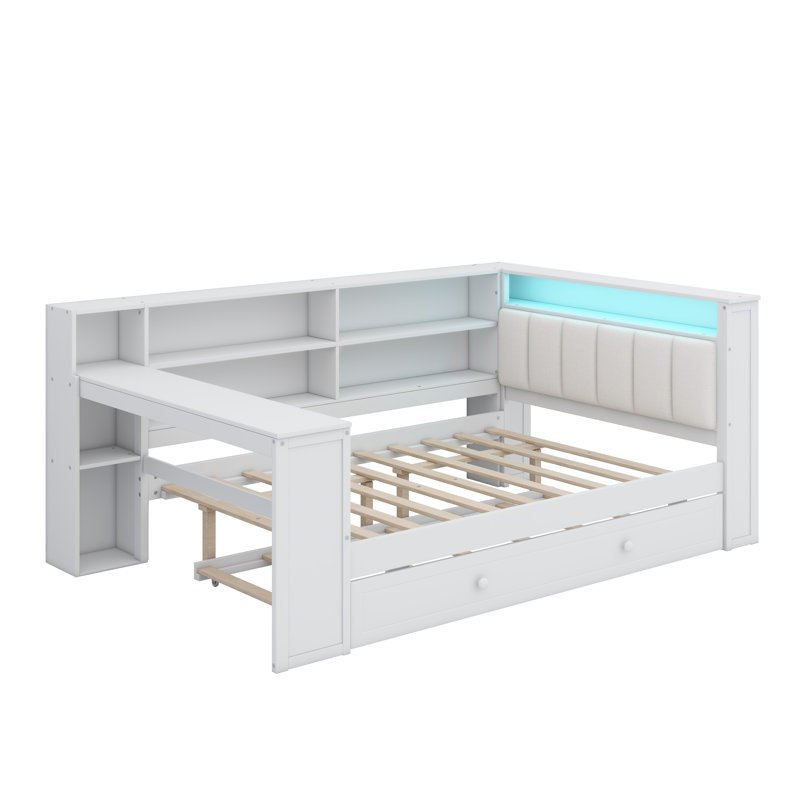 Platform Bed With Storage Shelves, Trundle, Beige/White