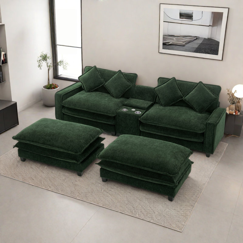 Sectional Sofa With 2 Removable Ottoman, 2 Usb Ports, 2 Cup Holders And Large Storage, Green Chenille