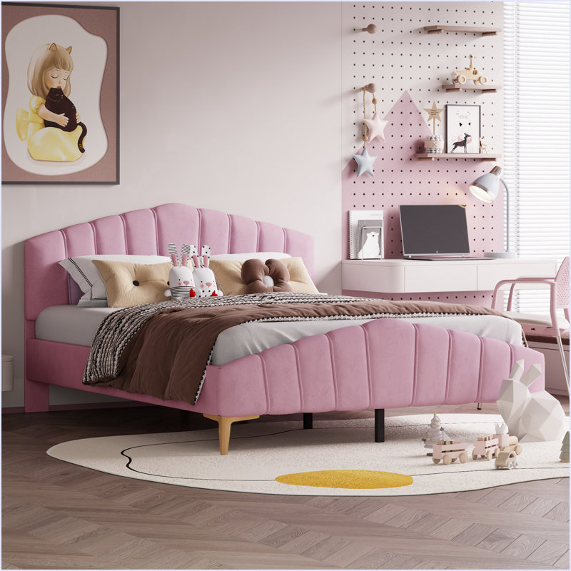 Lit plateforme en velours avec tissu épais, Rose
