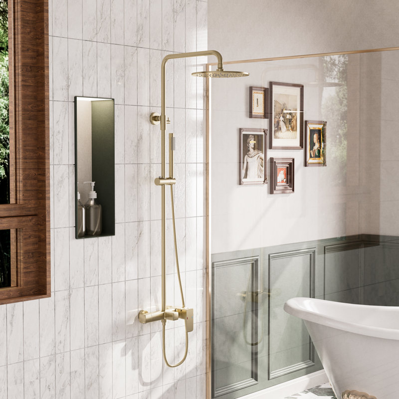 Système de douche mural brossé à 3 fonctions or brossé, pomme de douche à pluie de 10 po avec douchette et douchette, valve en laiton