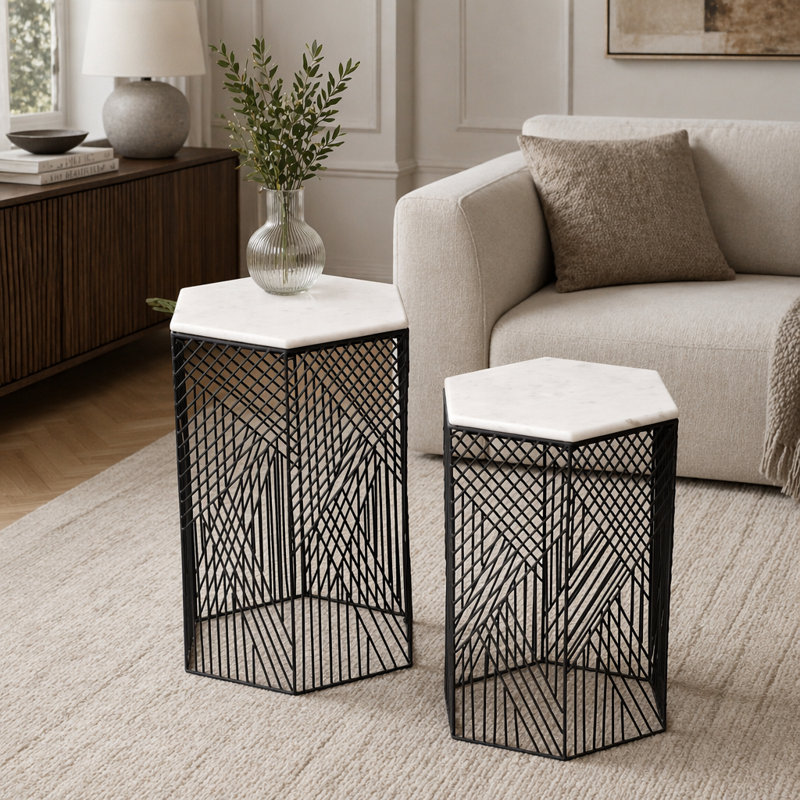 Ensemble de 2 tables d'appoint sophistiquées à plateau hexagonal en marbre, parfaites pour les intérieurs modernes et minimalistes