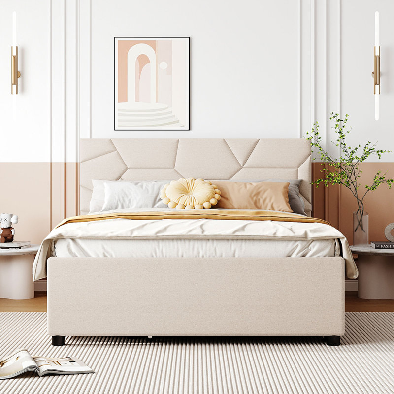 Lit plateforme tapissier avec lit gigogne et 2 tiroirs, Beige, Double