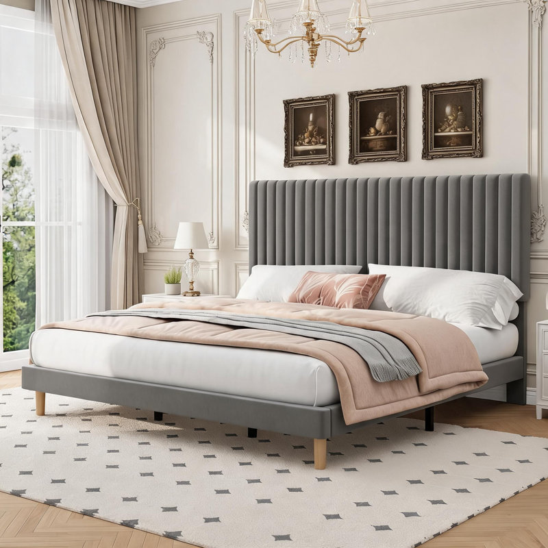 King Size Velvet Bed Frame with Adjustable Headboard, Grey