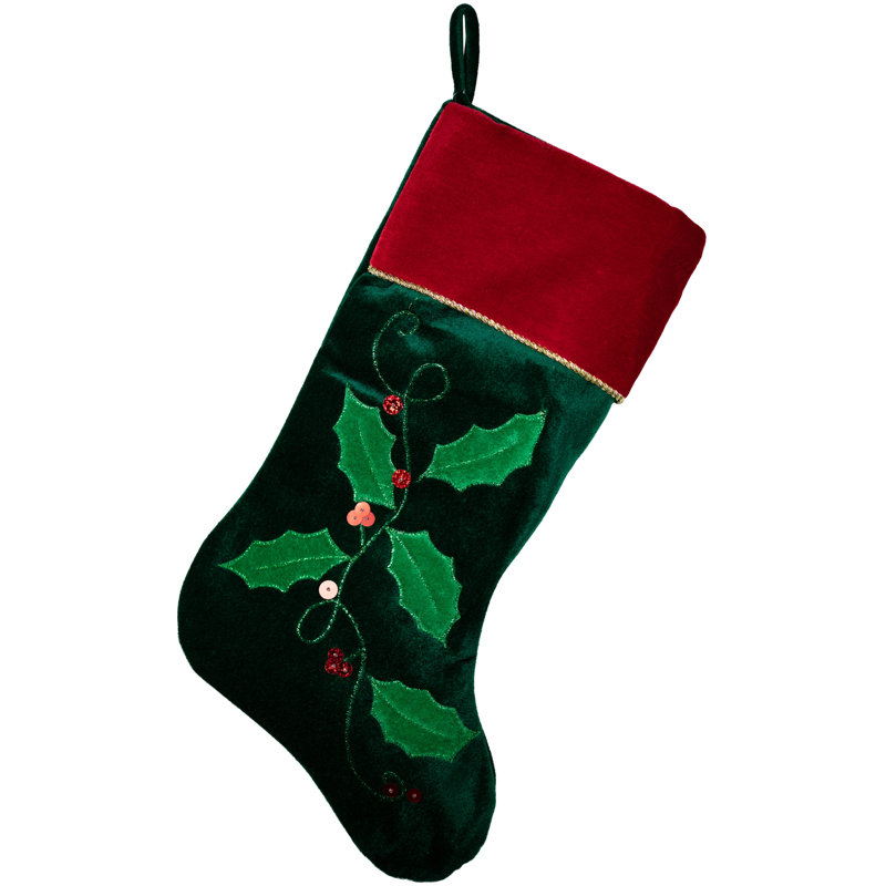 Chaussette de Noël 20 po vert foncé et rouge avec baies de houx