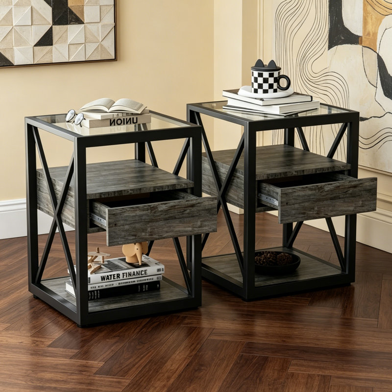 Ensemble de 2 tables de bout modernes avec tiroir - Tables de chevet pour chambre à coucher et salon, panneau de fibres à densité moyenne en bois naturel et plateau en verre trempé, style industriel