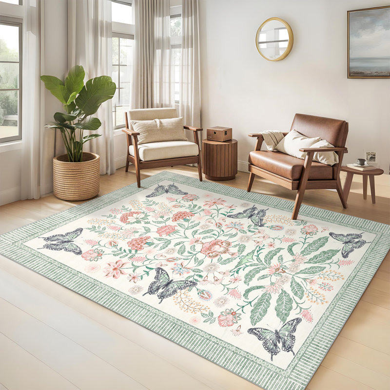 Garden-Inspired Butterfly Washable Area Rug, Stain Resistant Soft Floor Cover for Living Room Bedroom Dining Room, Green