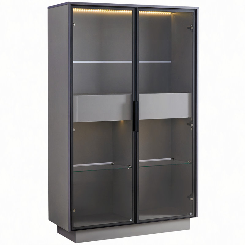 Vitrine de porte en verre autoportante de 60,6 po, bibliothèque avec 2 tiroirs de rangement, garde-manger avec éclairage DEL et tablettes réglables, pour les couloirs, la cuisine, le salon et le bureau