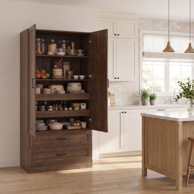 Garde-manger autoportant de 70,87 po avec 2 tiroirs, armoire de rangement en bois avec tablettes réglables et plateaux coulissants, pour la salle à manger de cuisine