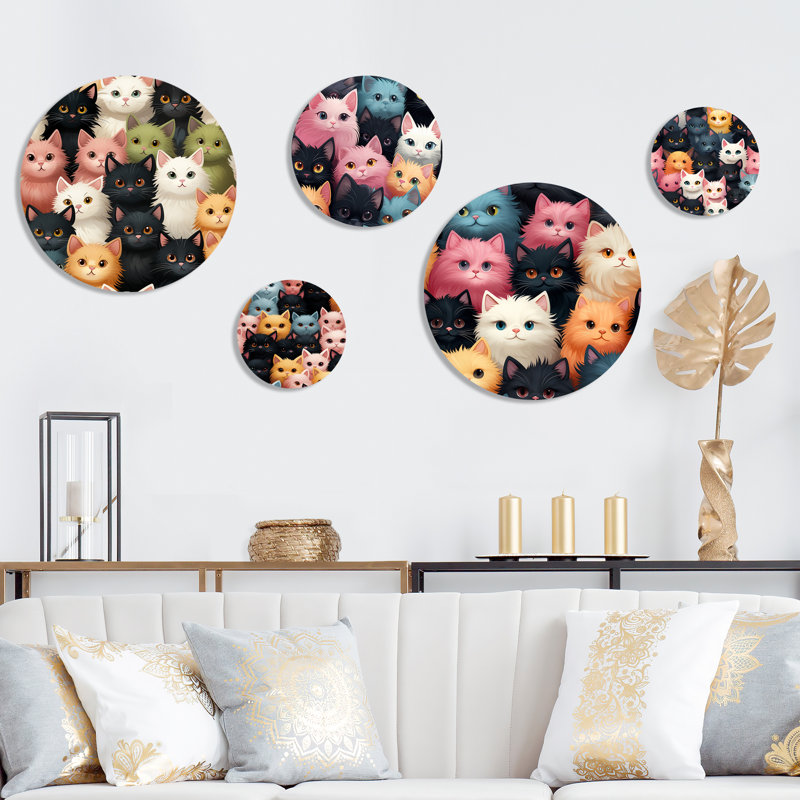 Pink And Black Cat Pattern For Nursery - Animal Casual Round Wall Art Set Of 5