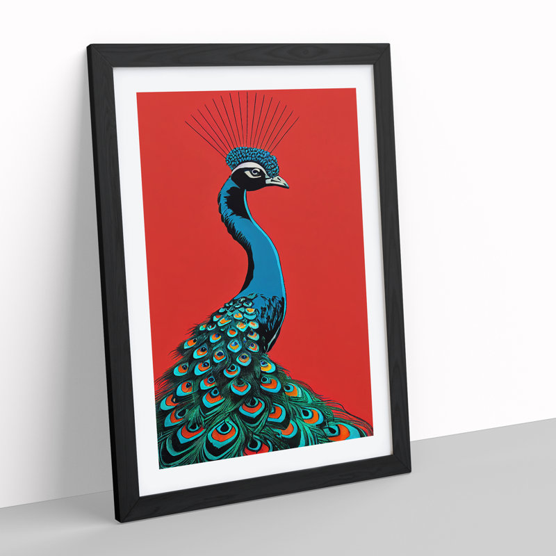 XV1022-3452X Peacock Retro Art - Print, Black Framed Paper, White, 66cm H x 48cm W