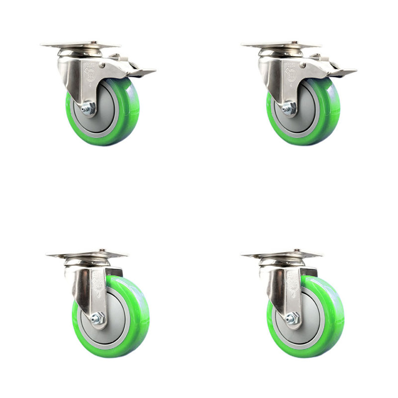Ensemble de 4 roulettes en polyuréthane 4 pouces avec roulettes et 2 roulettes, Vert