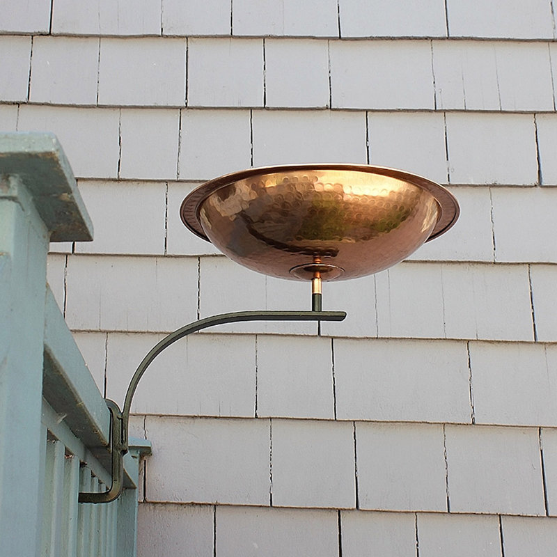 Hammered Copper Rail-Mounted Birdbath with Black Metal Bracket