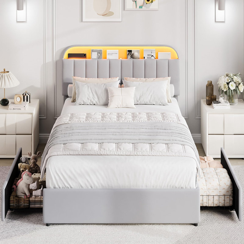 Grand / double / simple lit en velours avec tête de lit réglable et rangement à 2 tiroirs avec plateforme et sommier sans assemblage facile pour la chambre à coucher
