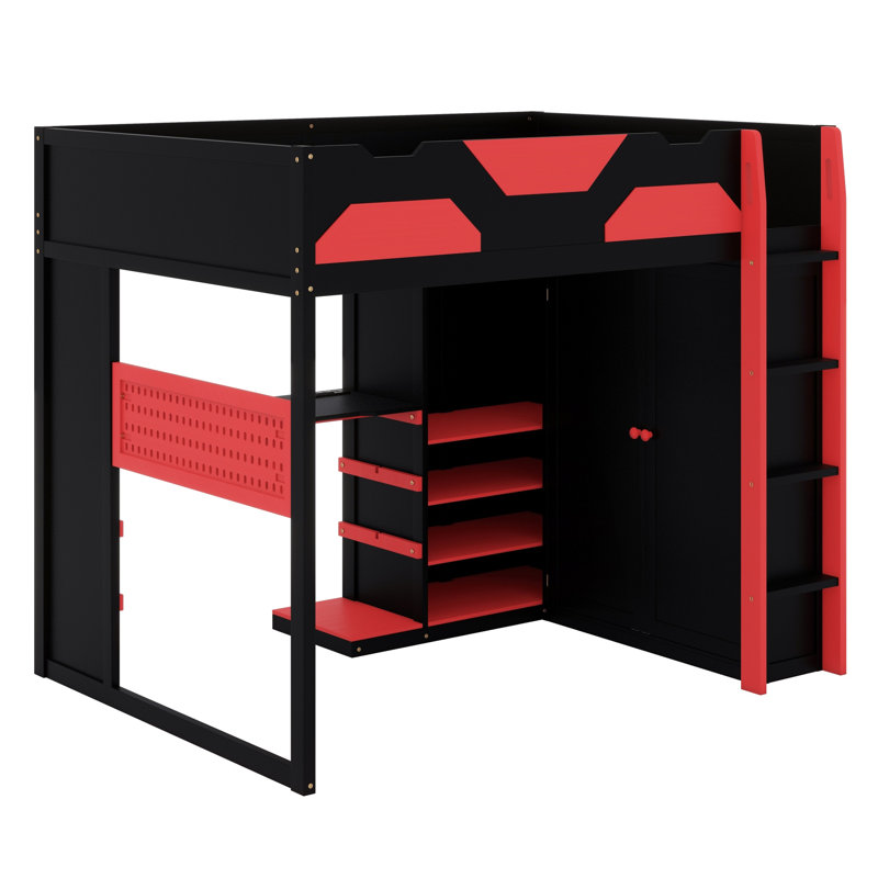 Multifunctional Wooden Loft Bed Featuring Desk, Wardrobe, Shelves, USB & RGB Lighting, Red