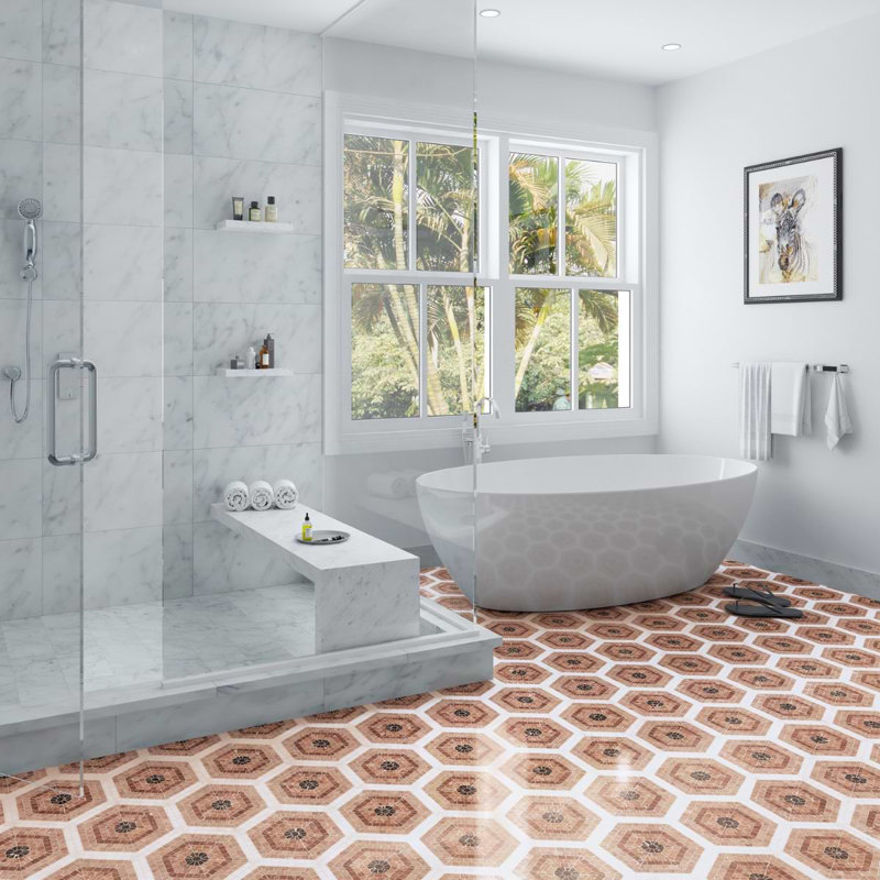 Ako 6" Hexagon Marble Micro Mosaic Tile, Terracotta Rosa
