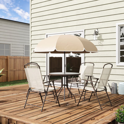 Ensemble de 6 chaises de patio pour 4 personnes - beige. Parasol, table en verre trempé, chaises pliantes. Pour le jardin, la table beige de jardin et les chaises avec parasol. Chaises, plaisir