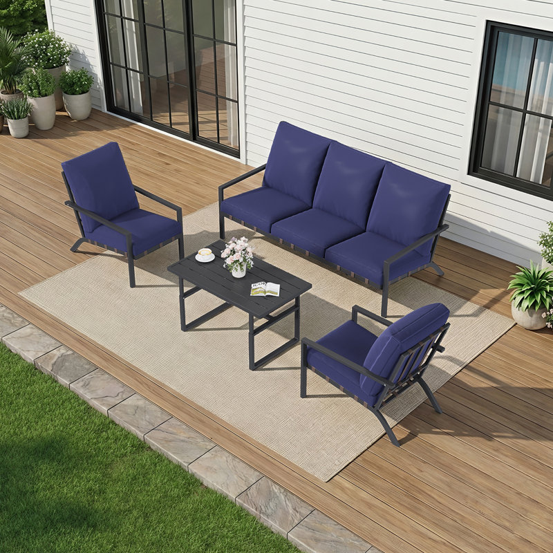 4-piece Outdoor Set: 3-seater Sofa, Armchairs & Coffee Table, Weather-resistant, Dark Blue