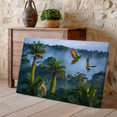 Toile, scène de jungle tropicale luxuriante avec deux perroquets verts éclatants, art mural sur toile de fond