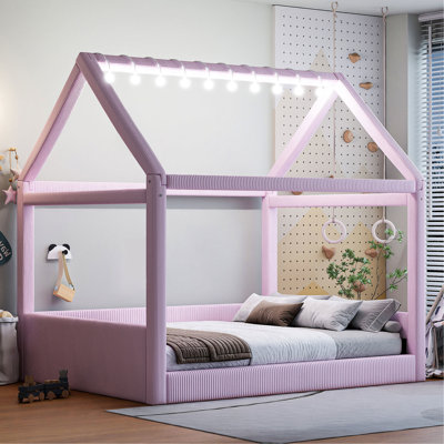 Full Size Upholstered Pink Daybed With 2 - Color Touchable Led Lovely House Shape, Comfortable Vertical Stripes Featuring Corduroy, Easy To Assemble
