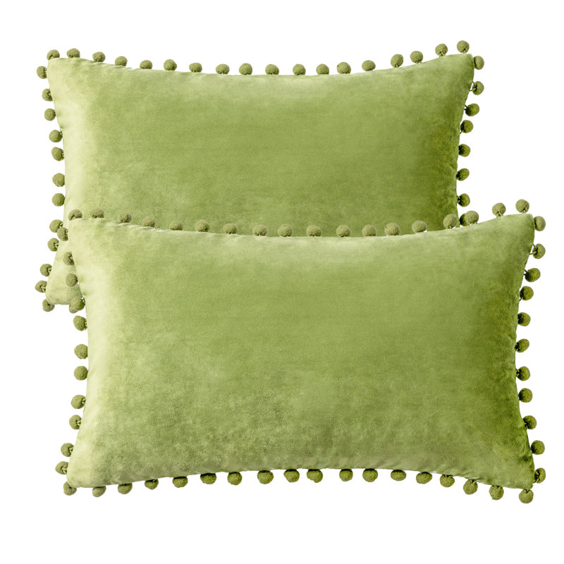 Silky Velvet Series Pom-poms Decorative Throw Pillow, Green, Pillow Cover & Insert, Rectangle 12"H x20"W