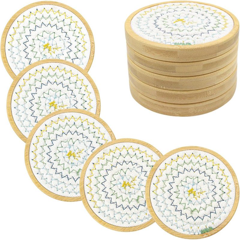 4.3" 5-Pack White Series Absorbent Bamboo Wood Round Coasters - Farmhouse Kitchen Mat
