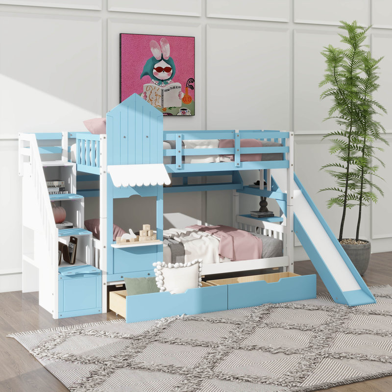 Castle-Inspired Bunk Bed, Wooden Bunk Bed With 2 Drawers & 3 Shelves, Comes With Slide And Storage Steps, Twin Over Twin