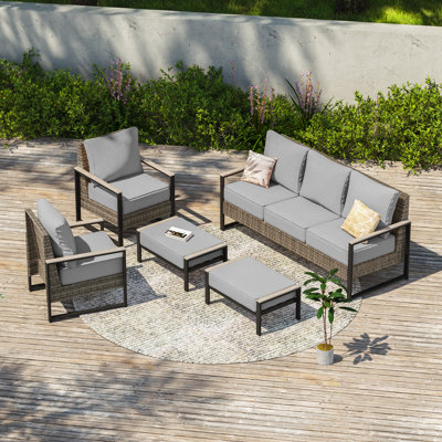 5-Piece Patio Rattan Furniture Set, All Weather Wicker w/Removable Cushion