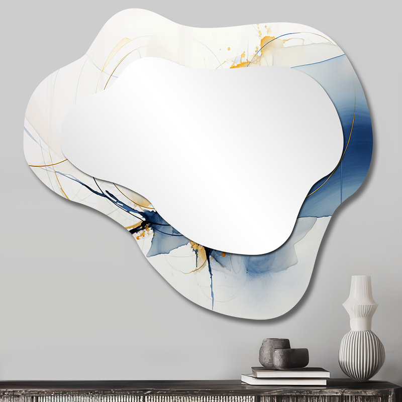 Sérénité en or bleu - Art abstrait abstrait à l'encre liquide en métal - Miroir mural moderne et irrégulier, 25 po x 28 po