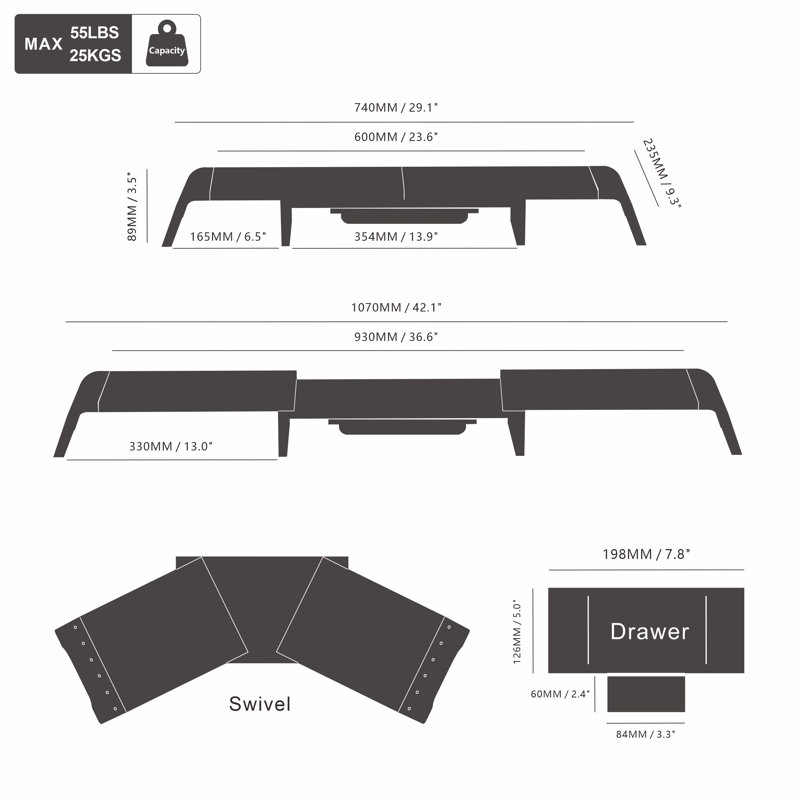 Support pour écran double Fenge, H 3,5 po x l 42,1 po x P 9,3 po, Chêne / Blanc