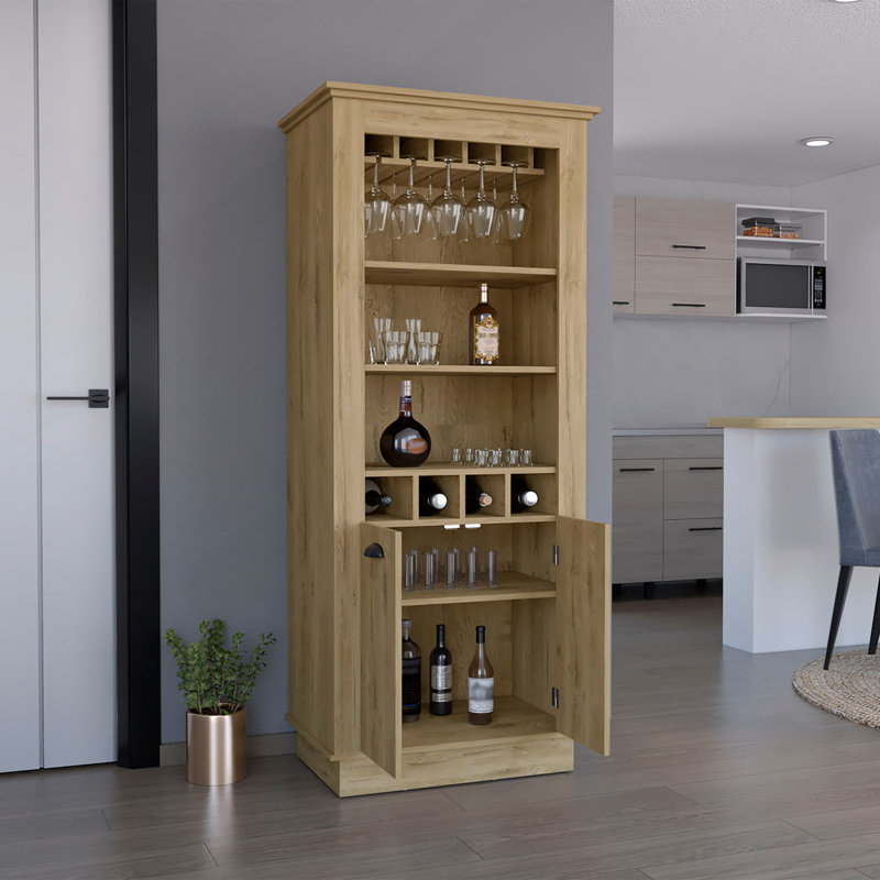 Bar Lafayette avec support pour 4 bouteilles, porte-verre supérieur et porte, Beige