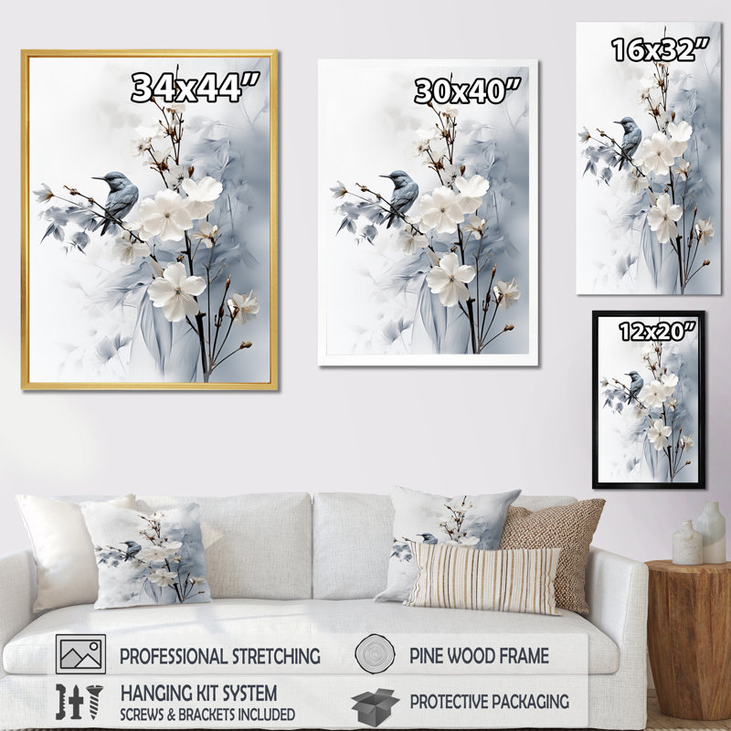 Hoppert Asian Art Apple Blossom Sumi VI - art mural asiatique, H 32 po x l 16 po x P 1 po, Cadre flottant doré