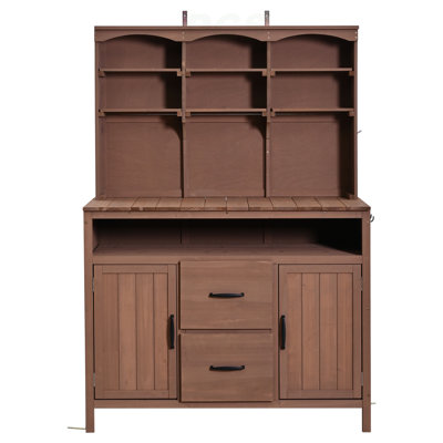 Large Fir Wood Potting Bench, 45.3''L Multi-Functional Outdoor Patio Kitchen Island With Hutch, Cabinets, Drawers & Hooks , Large Countertop For Gardening, Grill, Brown, Kitchen Island
