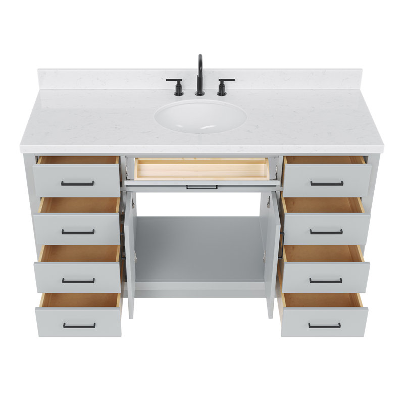 Thornaby Solid Wood Single Bathroom Vanity with 1.5'' Carrara Quartz Top, Gray, Oval