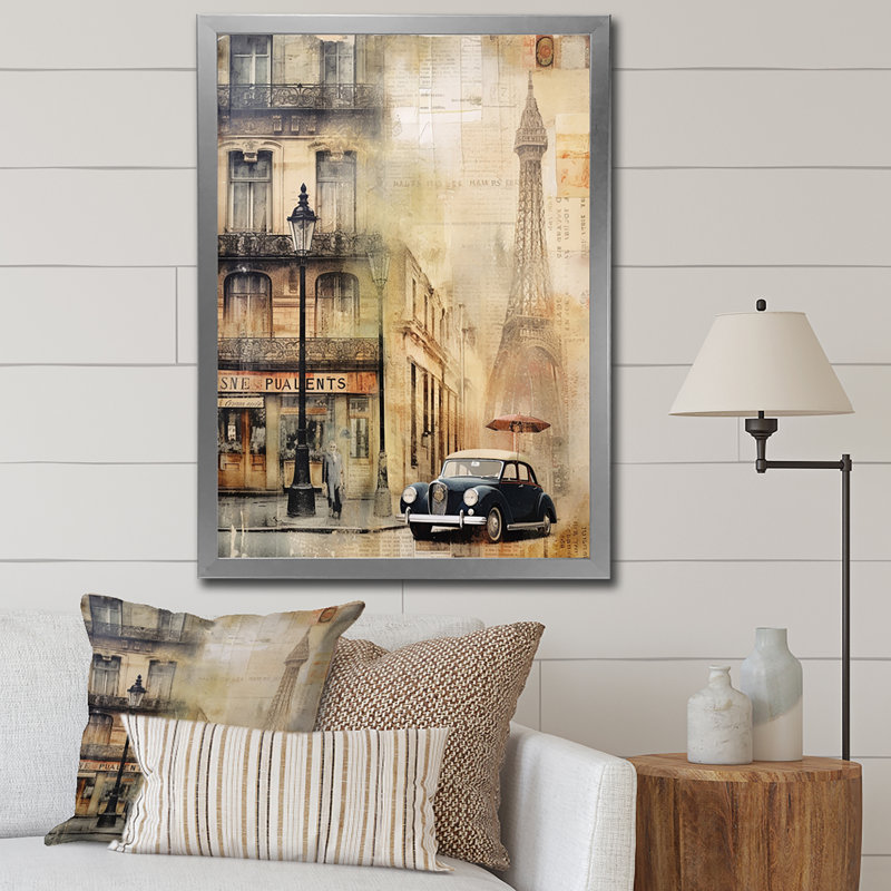 Paris Chronicles, collage rétro sur toile, H 44 po x l 34 po x P 1,5 po, Cadre simple argenté
