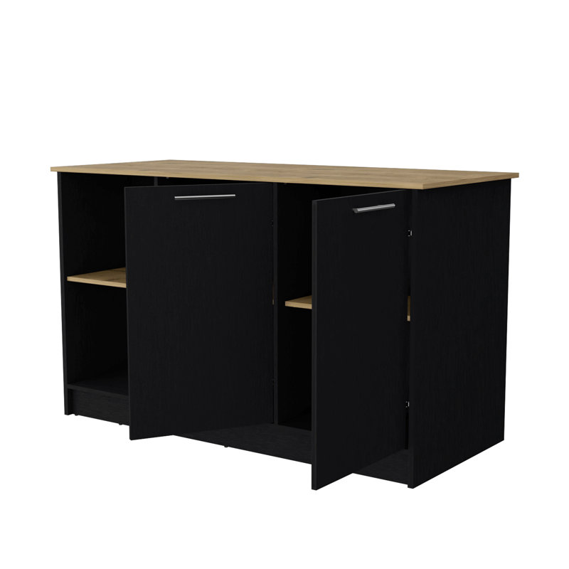 Mercury Kitchen Island With Spacious Countertop, Double Door Cabinets, And 2 Open Storage Shelves, Black/Natural