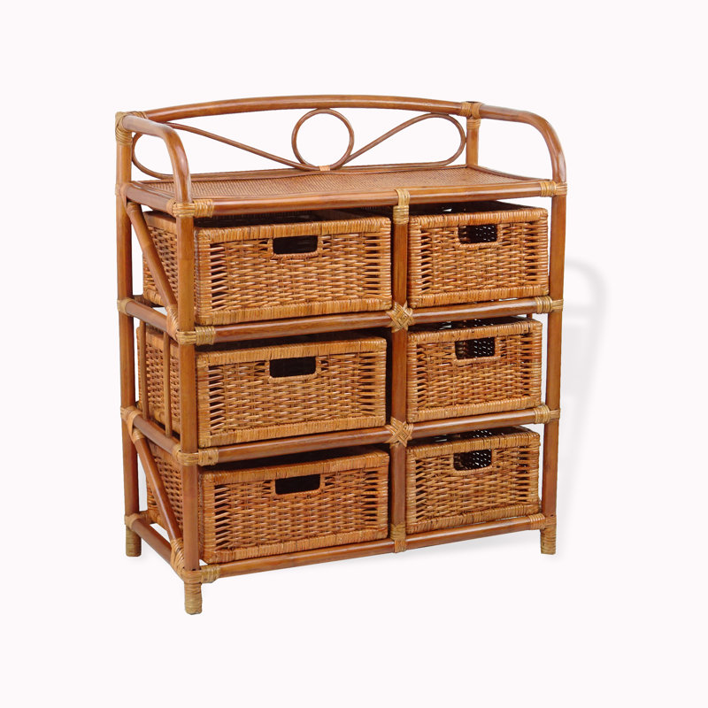 Coffre à linge en osier et rotin fait à la main - rangement à 6 tiroirs - style bohème