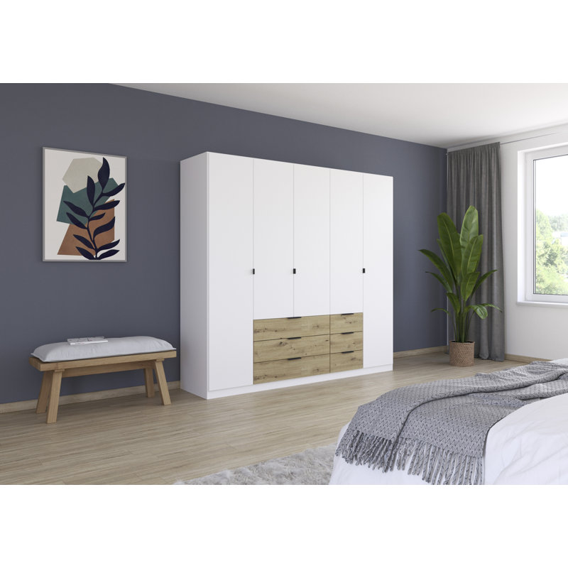 Wardrobe Wardrobe with hinged doors and drawers made in Germany, 210cm H x 226cm W x 54cm D, White/Oak Artisan