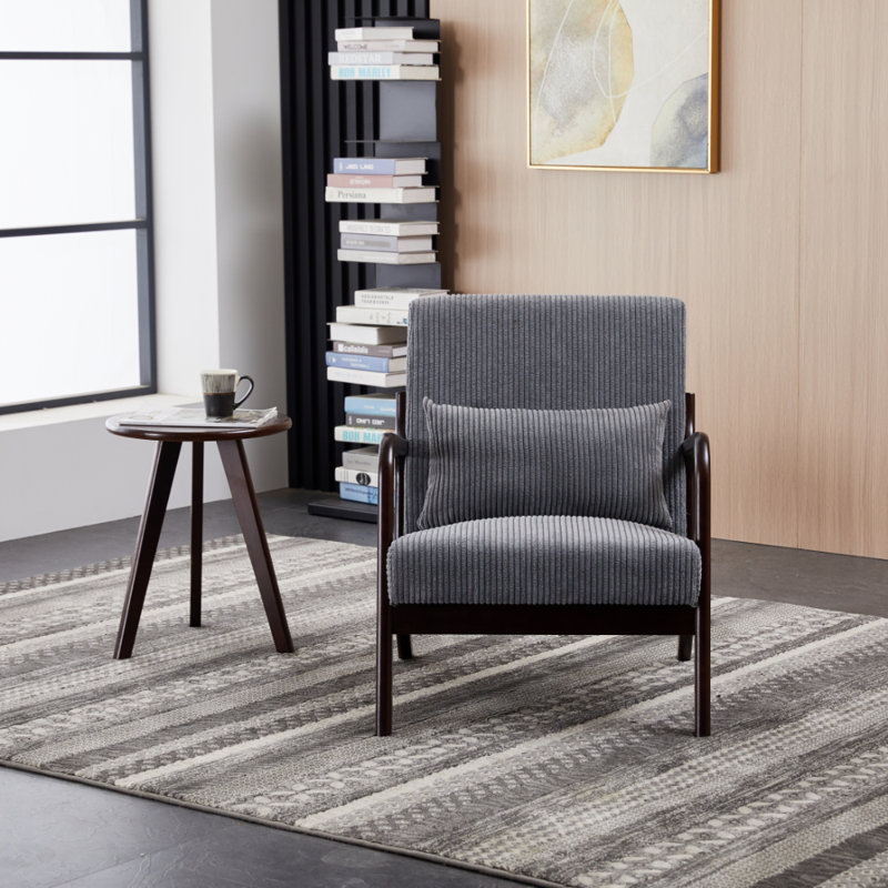 Chaise d'appoint Mid-Century moderne en bois d'hévéa durable, Gris foncé antique, Brun antique