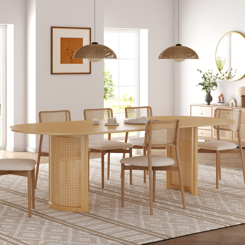Table de cuisine ovale en bois H 30 po x P 33,5 po avec double caisson en rotin, H 30 po x L 79 po x l 33,5 po, Bois naturel