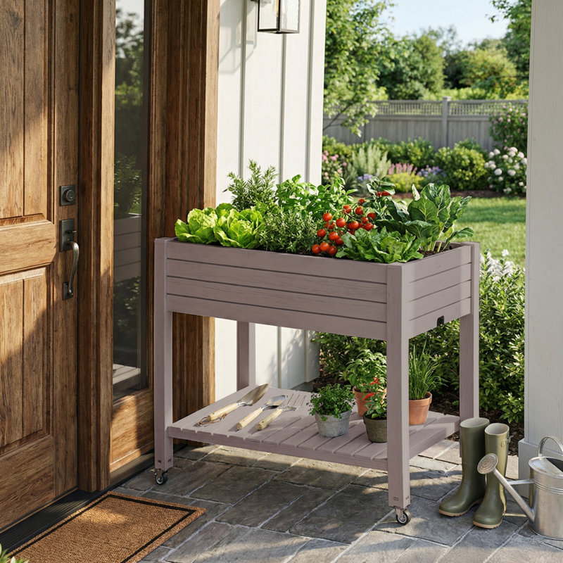 43.33"w Resin Raised Garden Bed With Wheels(Light Brown/Gray), Light Brown (Gray)