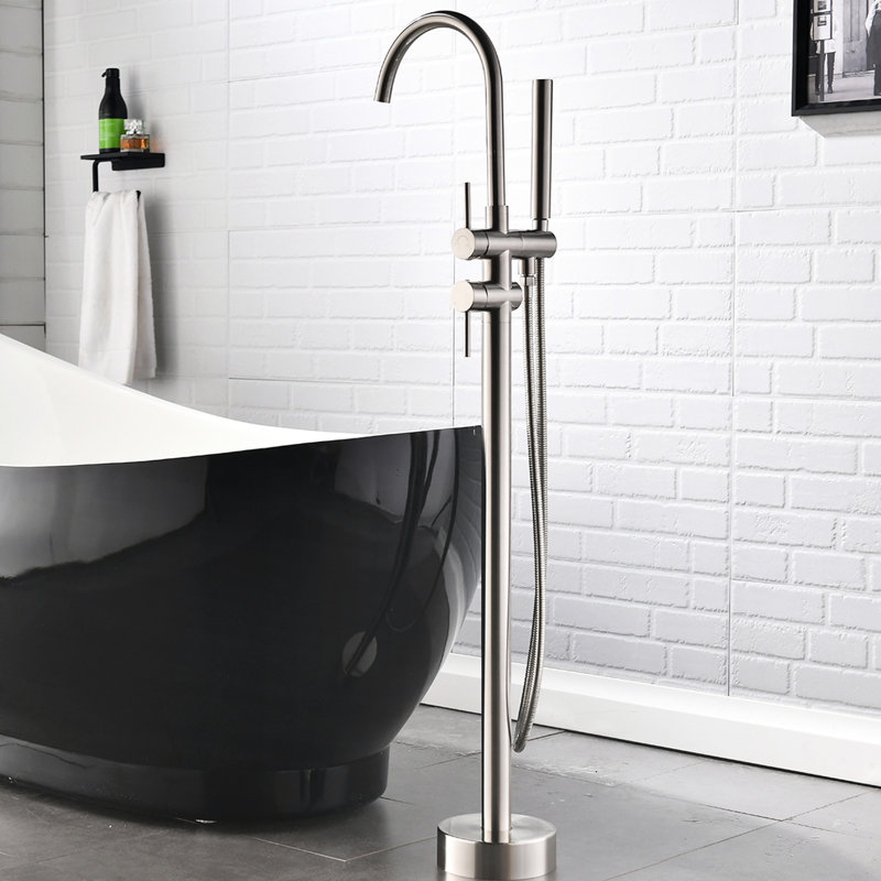 Robinet de baignoire autoportant avec douche à main, base haute stabilité, fixation au sol en nickel brossé à poignée simple, tuyau de 59 po, finition