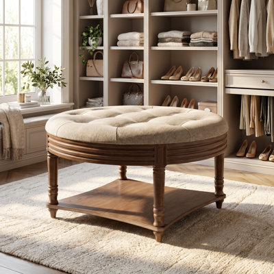 Round Upholstered Storage Ottoman – Soft Beige Linen, 31.5" Wood Base