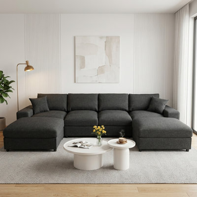 134" 6-Seat Chenille Sectional Sofa With Dual Ottomans Modern U-Shaped Upholstered Sofa For Large Living Room,Black