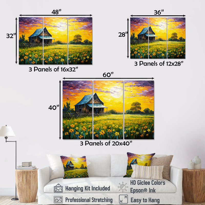 «Cottage in Yellow Flower Field Sunset» - ensemble d'art mural de ferme, Toile tendue, H 40 po x l 60 po x P 1 po